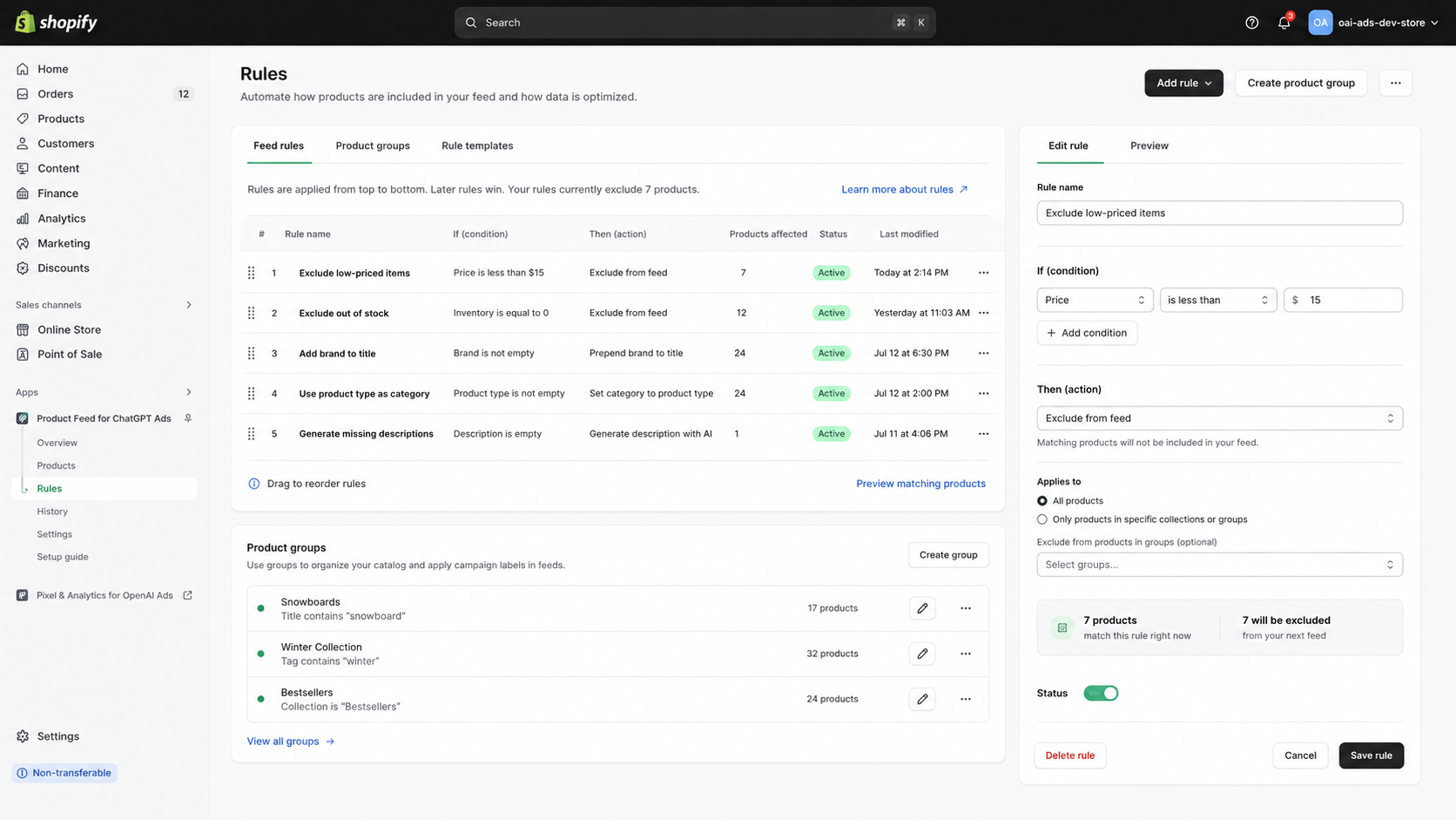 Reach: Feed rules screen with rules to exclude low-priced and out-of-stock products and transform product data